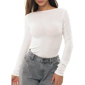 Women Cream White Boat Neck Long Sleeve Shirts Merino Tops Fitted Basic Tee Cozy